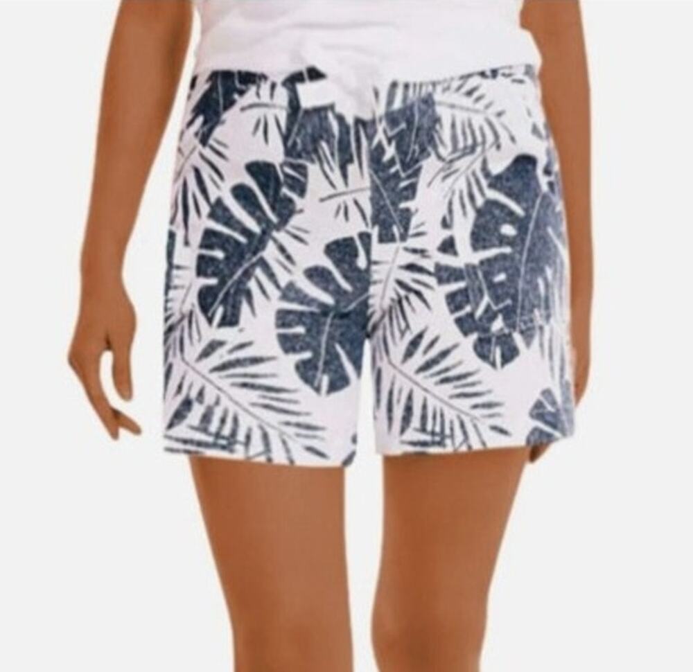 Nautica S Blue White Tropical Hawaiian Drawstring Shorts Womens Linen Viscose